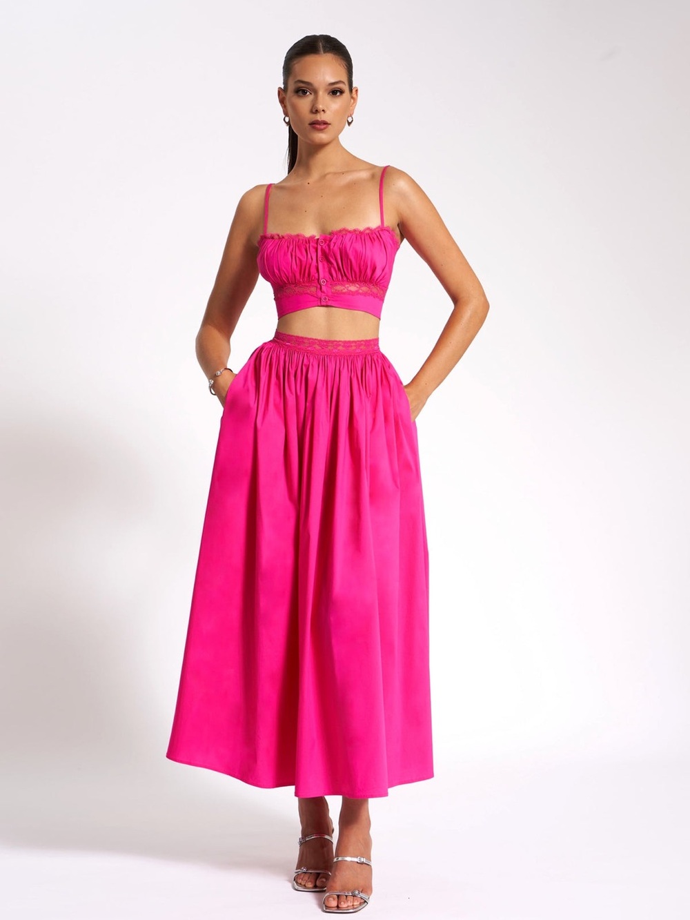 2pc Set Martha Fuchsia Cotton Poplin Maxi Skirt  With Matching Top